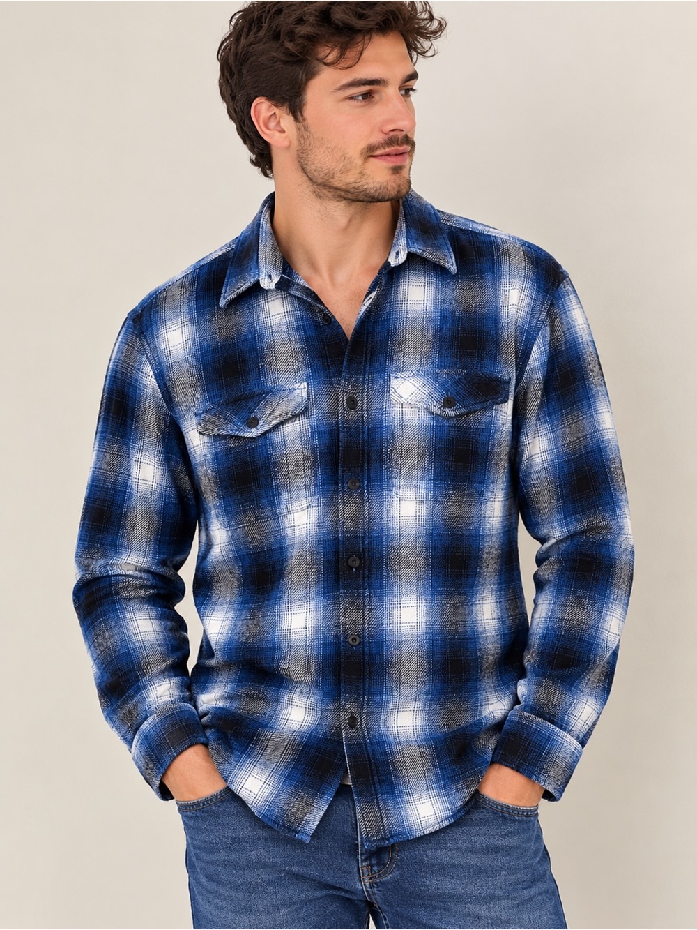 American Eagle Outfitters Blue Plaid Button-Down Shirt size L